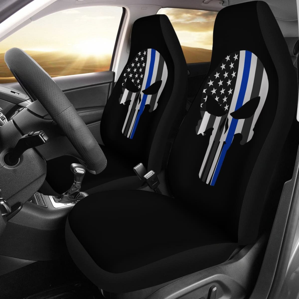 Thin Blue Line Punisher Skull - Car Seat Covers - Type 1 (Set Of 2) Universal Fit 215521
