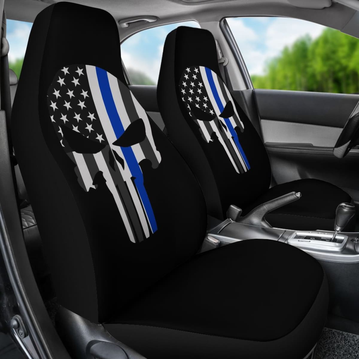 Thin Blue Line Punisher Skull - Car Seat Covers - Type 1 (Set Of 2) Universal Fit 215521