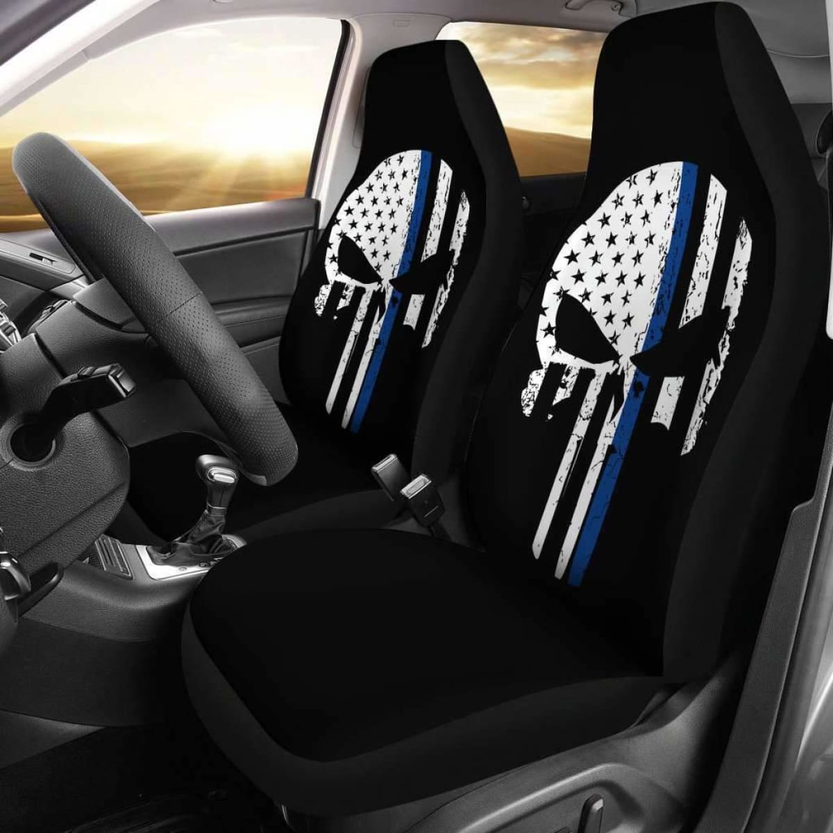 Thin Blue Line Punisher Skull Police Car Seat Covers T041520 Universal Fit 084218