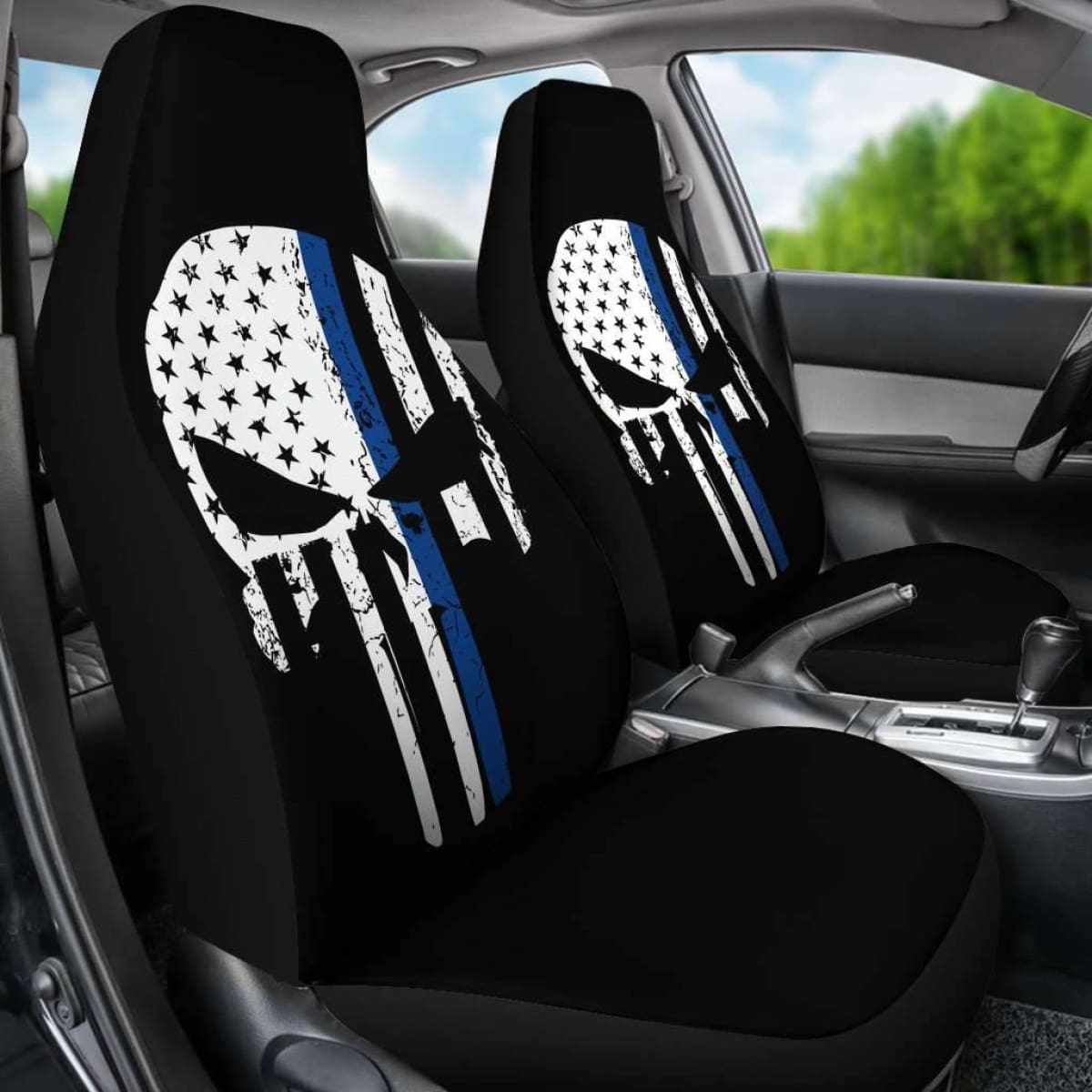 Thin Blue Line Punisher Skull Police Car Seat Covers T041520 Universal Fit 084218