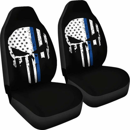 Thin Blue Line Punisher Skull Police Car Seat Covers T041520 Universal Fit 084218