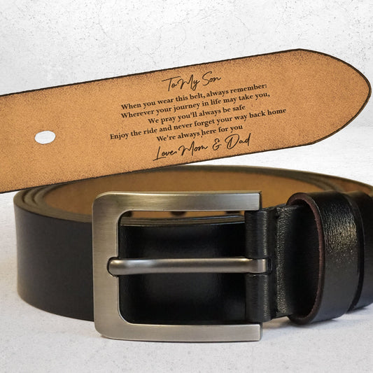 To Son We Love You From Mom Dad - Personalized Engraved Leather Belt