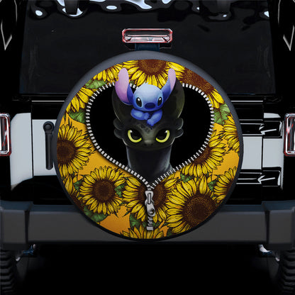 Toothless And Stitch Sunflower Zipper Car Spare Tire Cover
