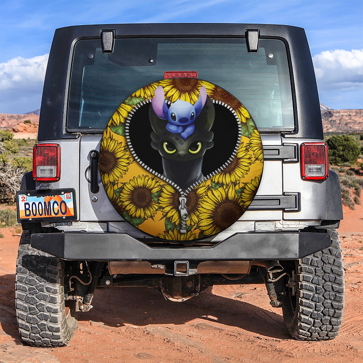 Toothless And Stitch Sunflower Zipper Car Spare Tire Cover