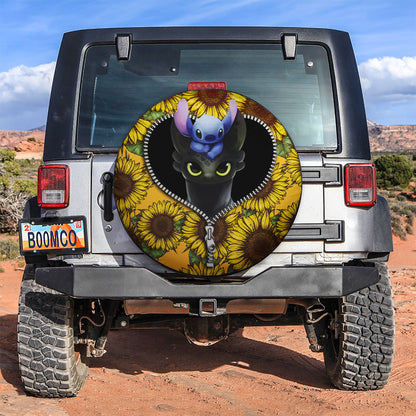 Toothless And Stitch Sunflower Zipper Car Spare Tire Cover