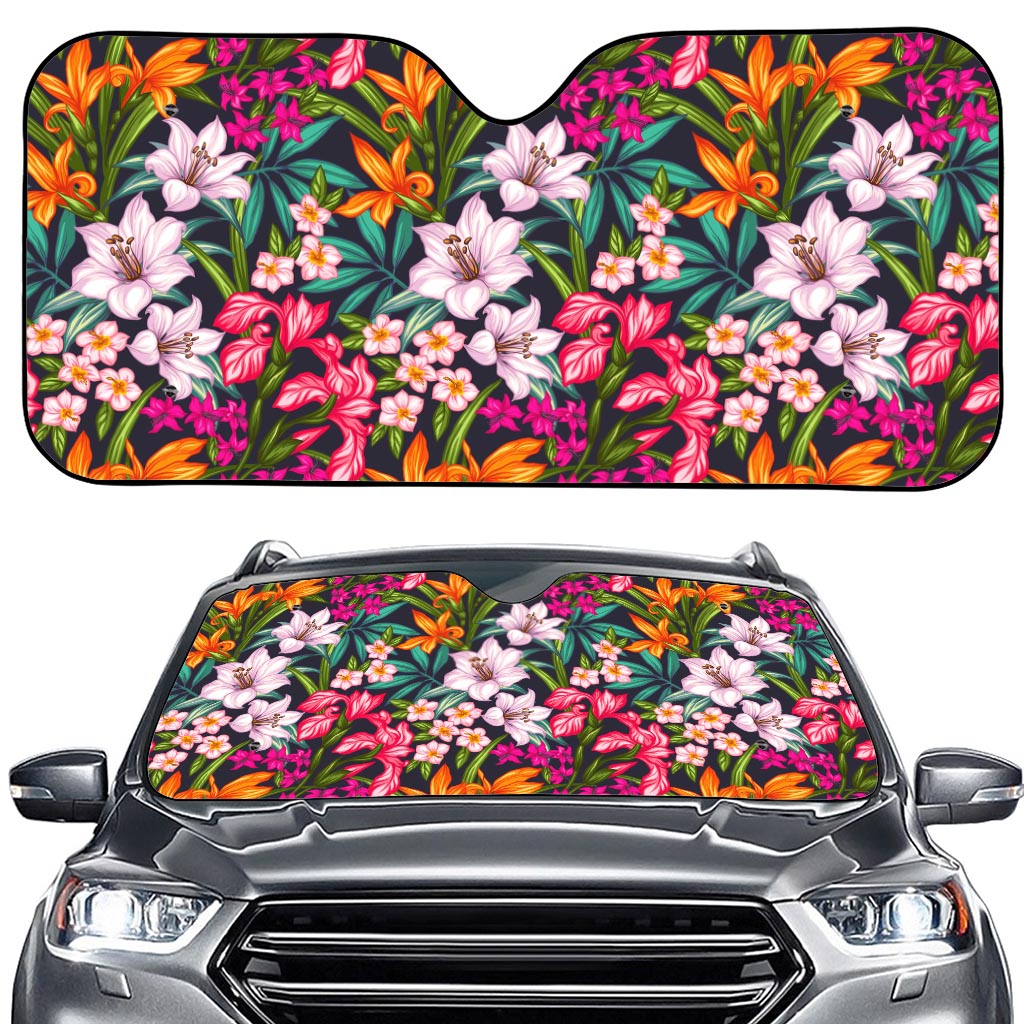 Tropical Flowers Pattern Print Car Windshield Sun Shade