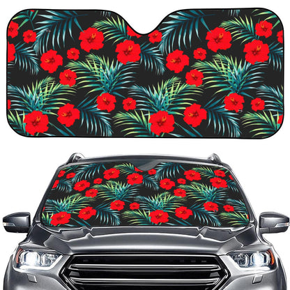 Tropical Hibiscus Leaves Pattern Print Car Windshield Sun Shade