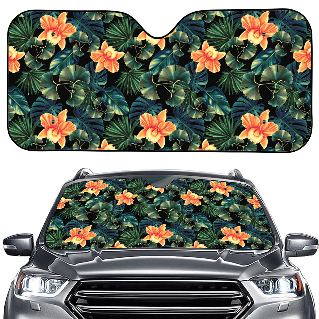 Tropical Leaf And Hawaiian Flower Print Car Windshield Sun Shade