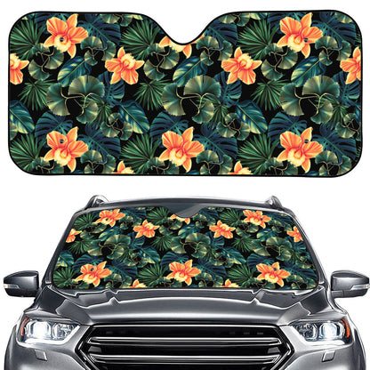 Tropical Leaf And Hawaiian Flower Print Car Windshield Sun Shade