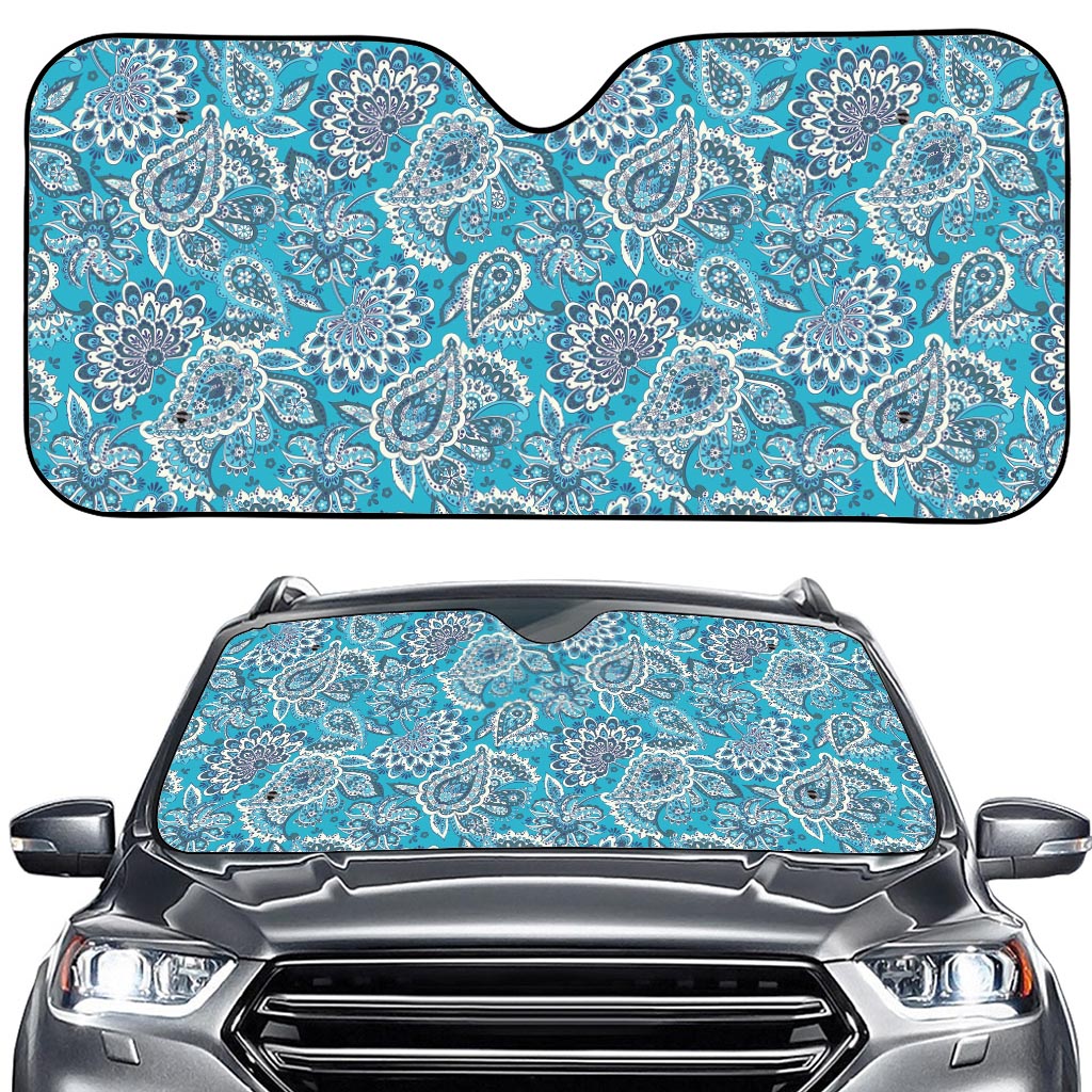 Turquoise Floral Bohemian Pattern Print Car Windshield Sun Shade