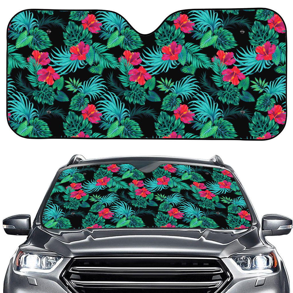 Turquoise Hawaiian Palm Leaves Print Car Windshield Sun Shade