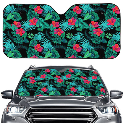 Turquoise Hawaiian Palm Leaves Print Car Windshield Sun Shade