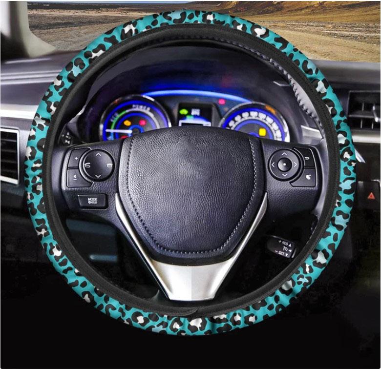 Turquoise Leopard Print Car Steering Wheel Cover