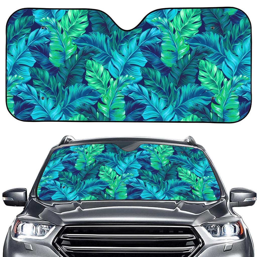 Turquoise Tropical Leaf Pattern Print Car Windshield Sun Shade