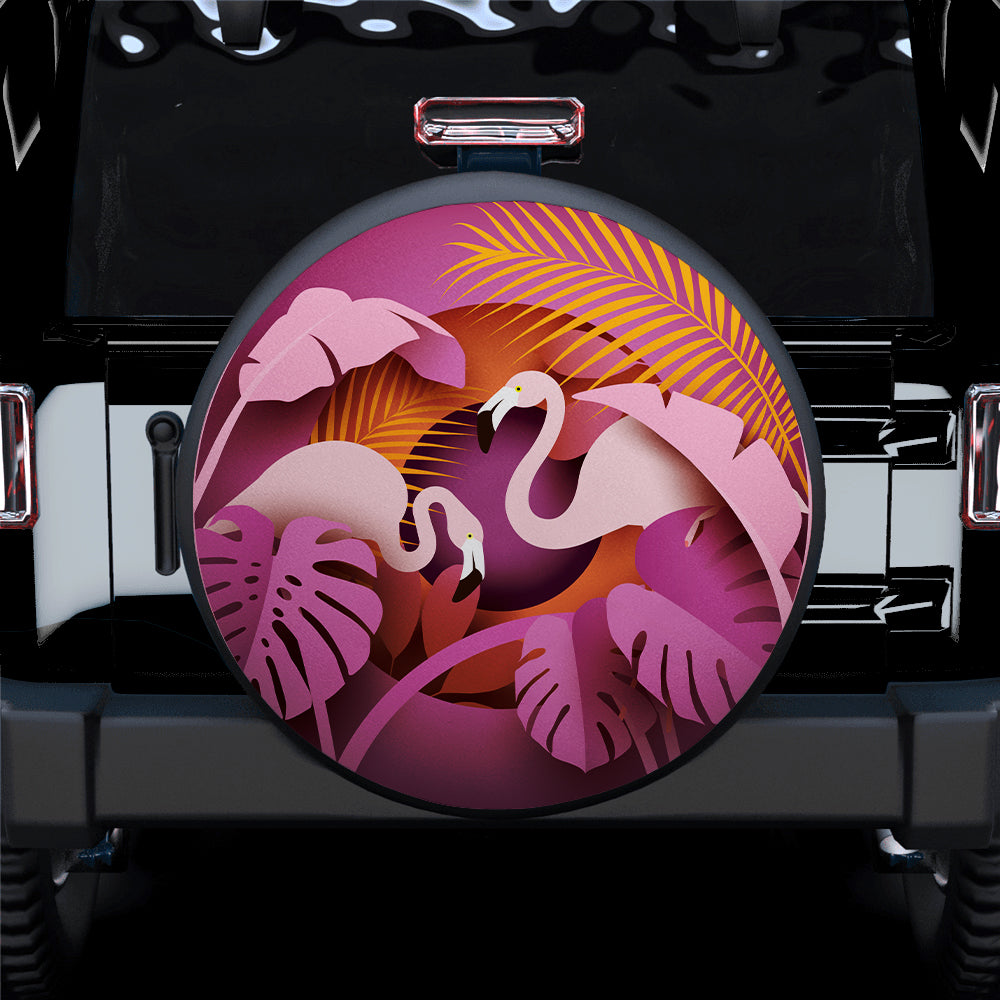 Two Flamingos In Tropical Leaves Paper Cut Style Car Spare Tire Cover