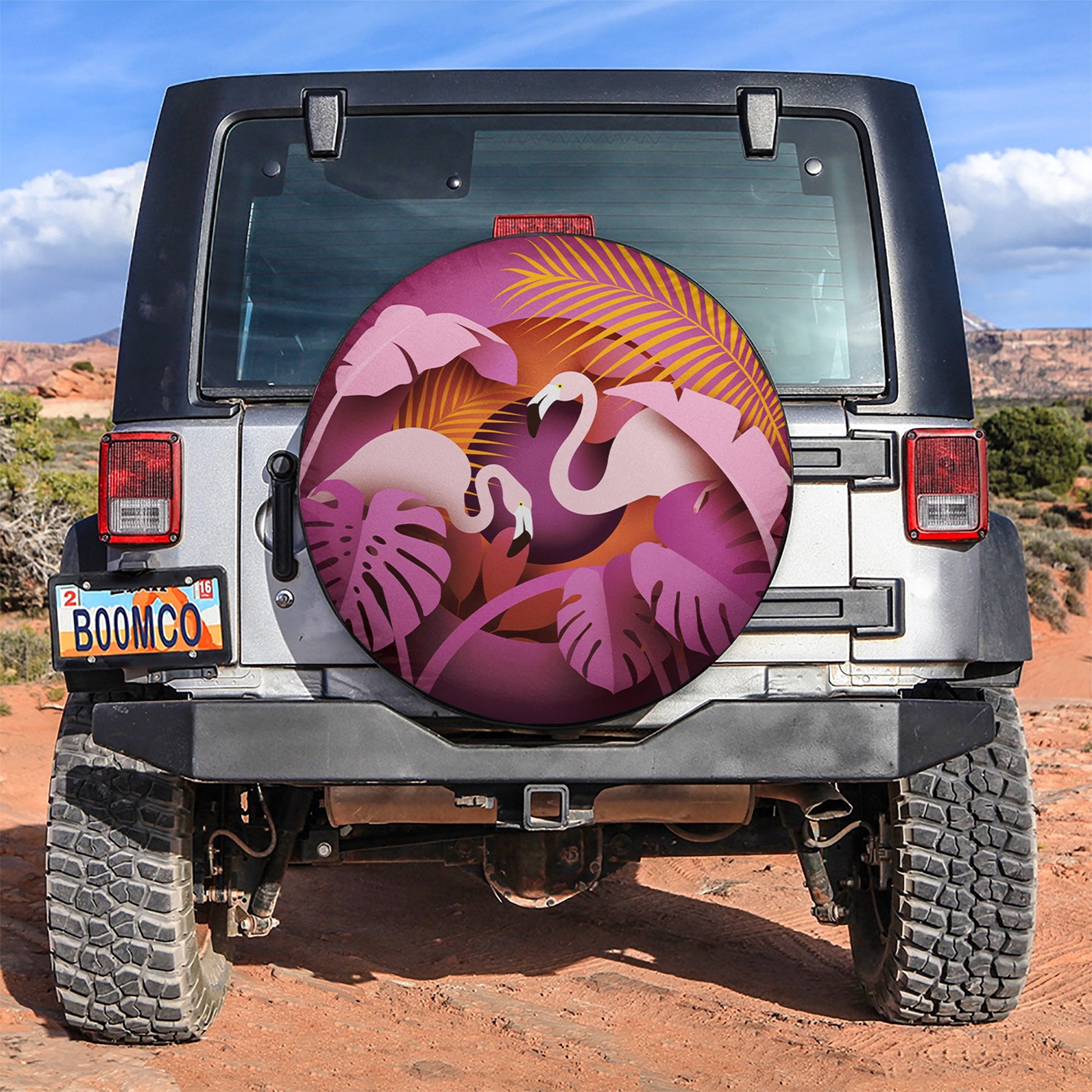 Two Flamingos In Tropical Leaves Paper Cut Style Car Spare Tire Cover