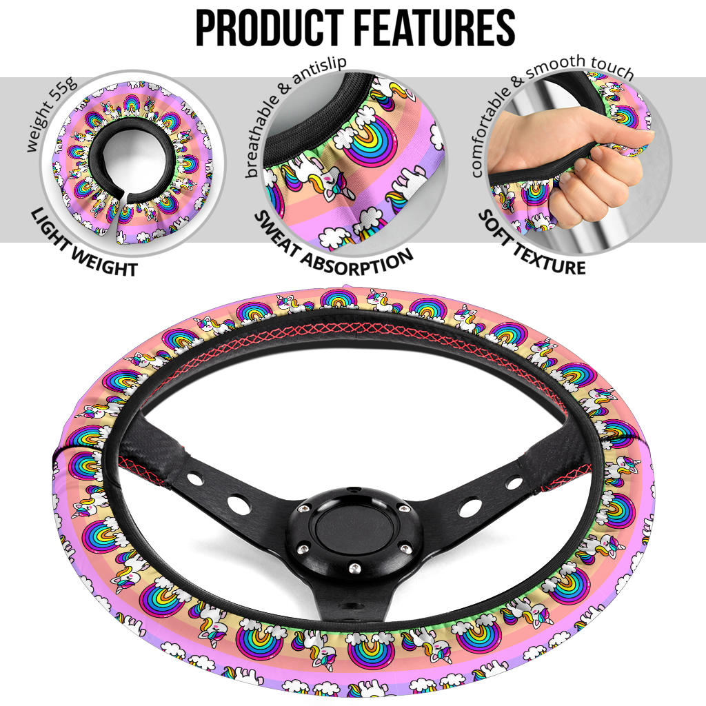 Unicorn Pink Rainbow Premium Car Steering Wheel Cover