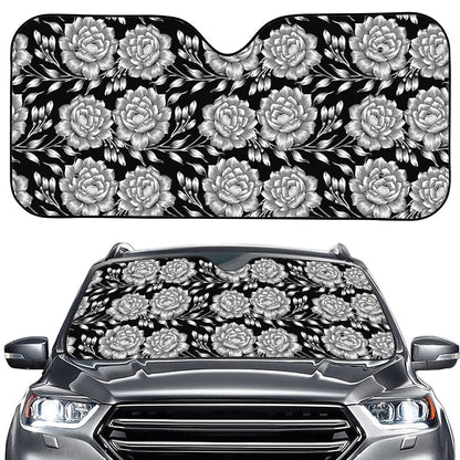 Vintage Black And White Floral Print Car Windshield Sun Shade