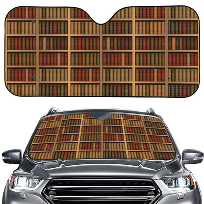 Vintage Bookshelf Pattern Print Car Windshield Sun Shade