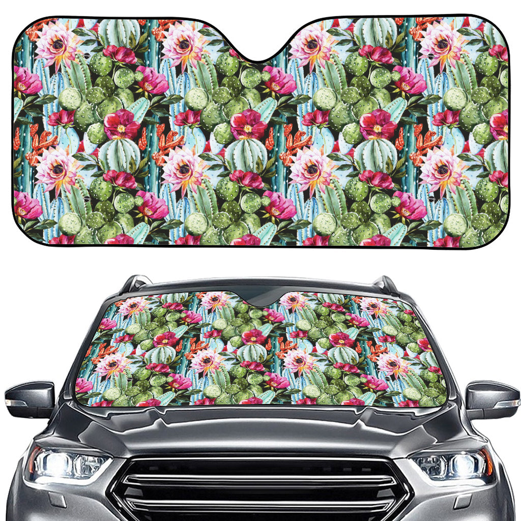 Vintage Cactus And Flower Print Car Windshield Sun Shade