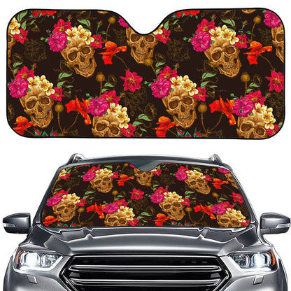 Vintage Flowers Skull Pattern Print Car Windshield Sun Shade