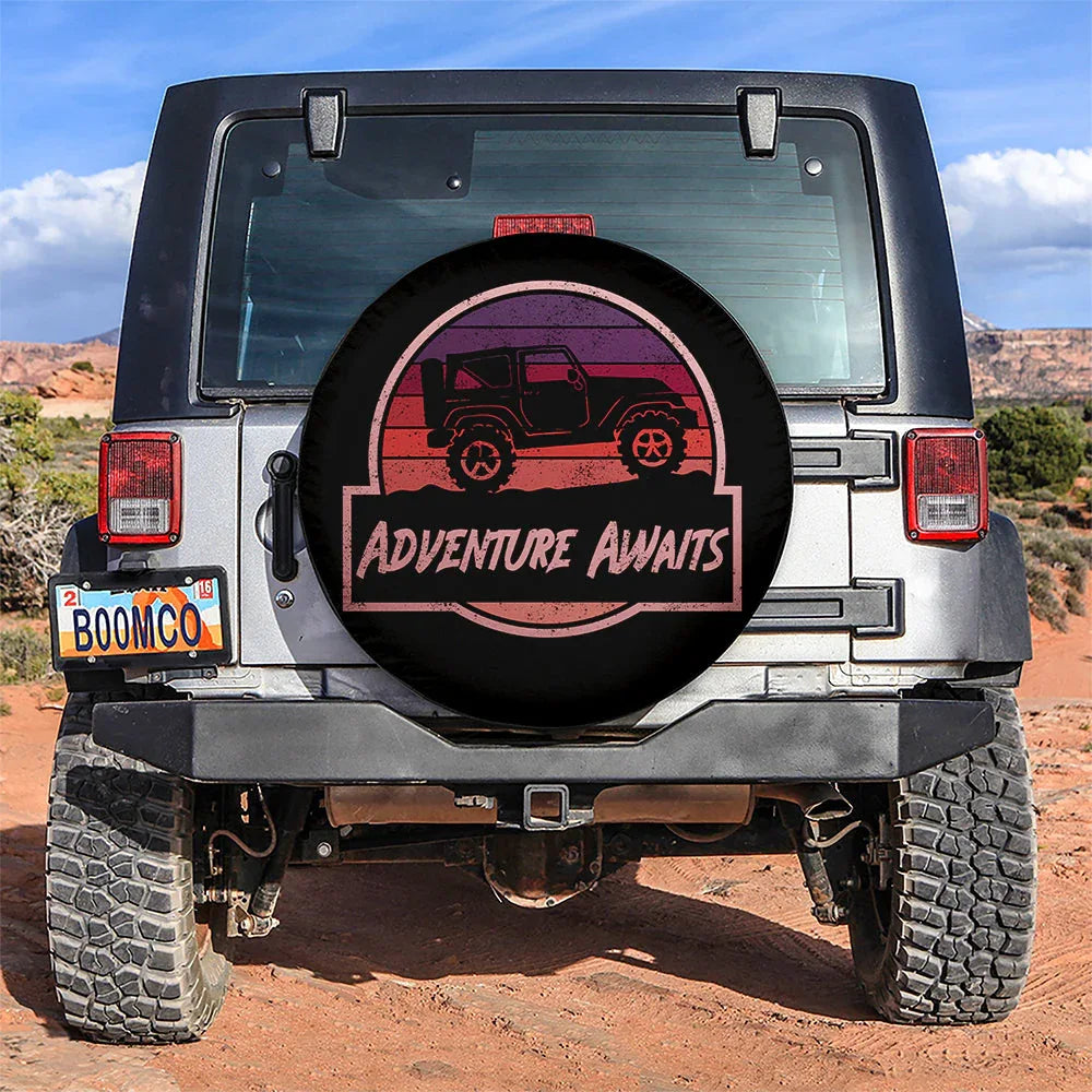 Vintage Jeep Adventure Awaits Pink Car Leather Spare Tire Cover - PersonalizedFury