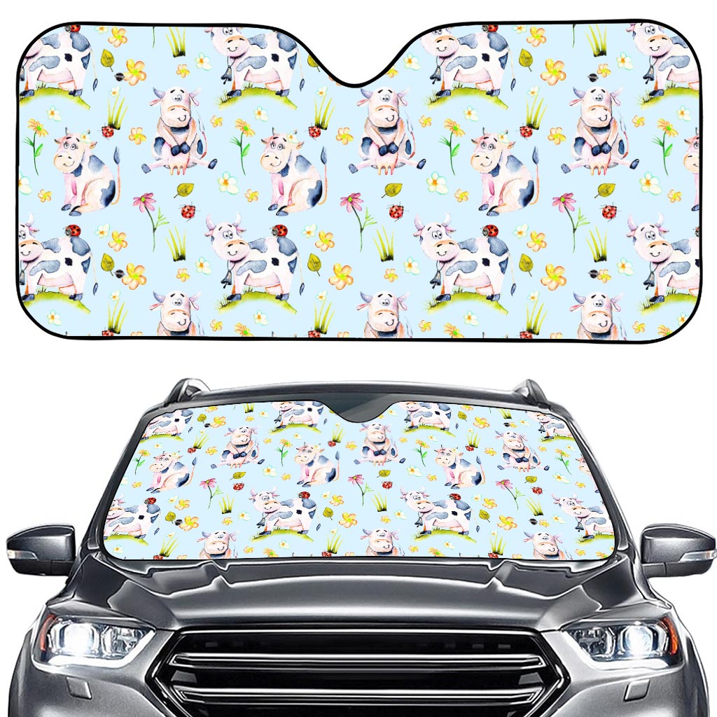 Watercolor Cartoon Cow Pattern Print Car Windshield Sun Shade