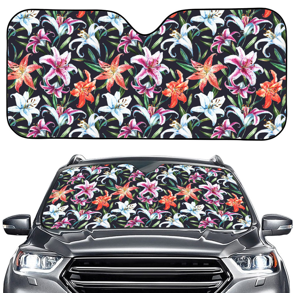 Watercolor Lily Flowers Pattern Print Car Windshield Sun Shade