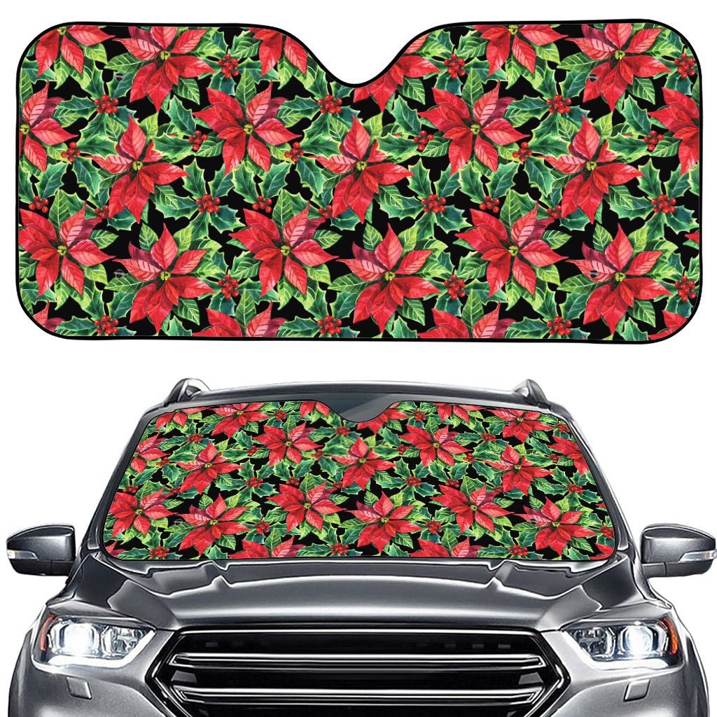 Watercolor Poinsettia Pattern Print Car Windshield Sun Shade