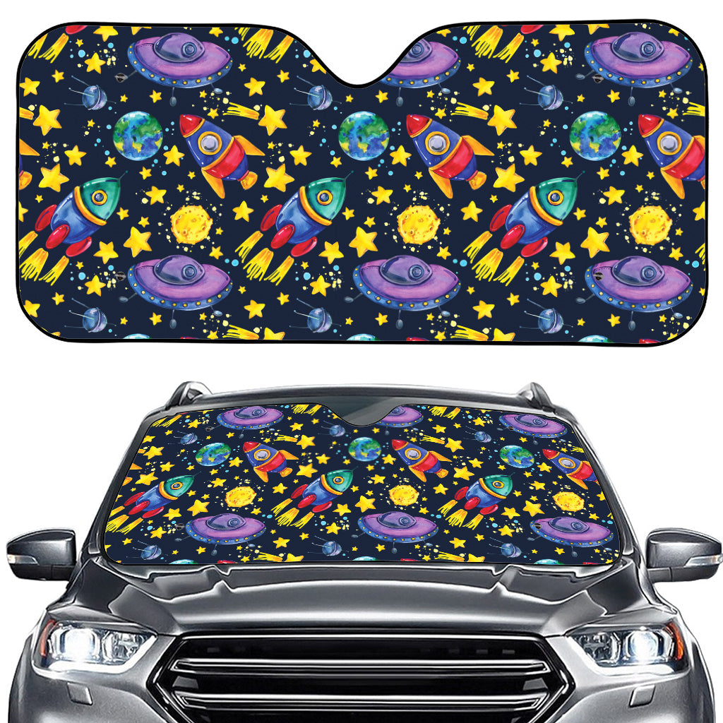 Watercolor Rocket Pattern Print Car Windshield Sun Shade