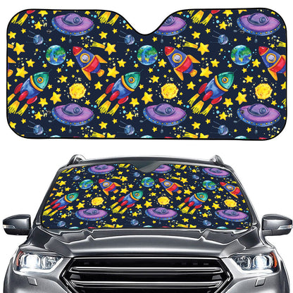 Watercolor Rocket Pattern Print Car Windshield Sun Shade