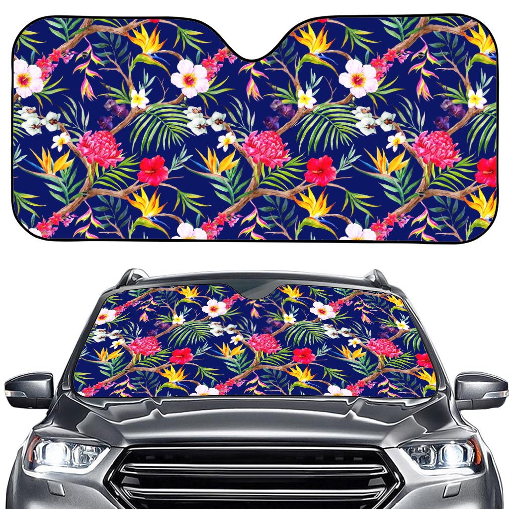 Watercolor Tropical Flower Pattern Print Car Windshield Sun Shade