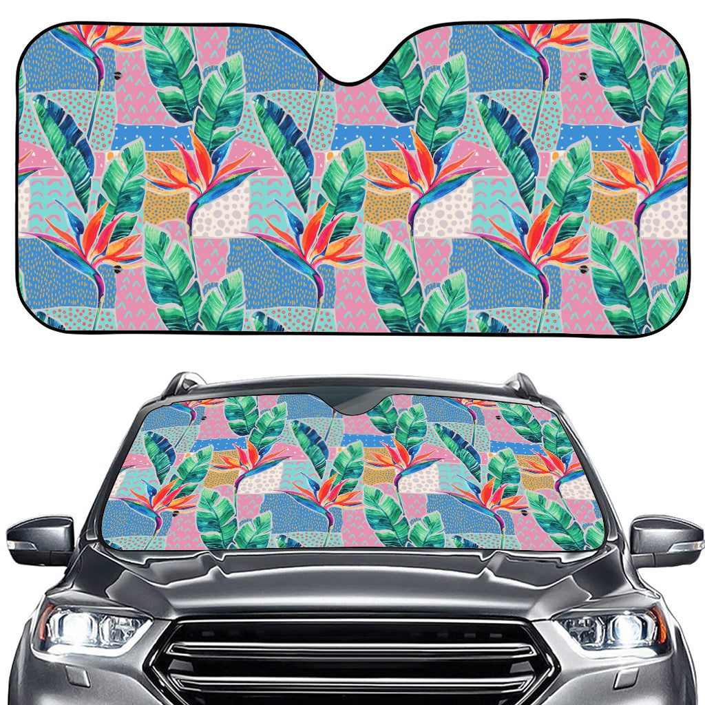 Watercolor Tropical Patchwork Print Car Windshield Sun Shade