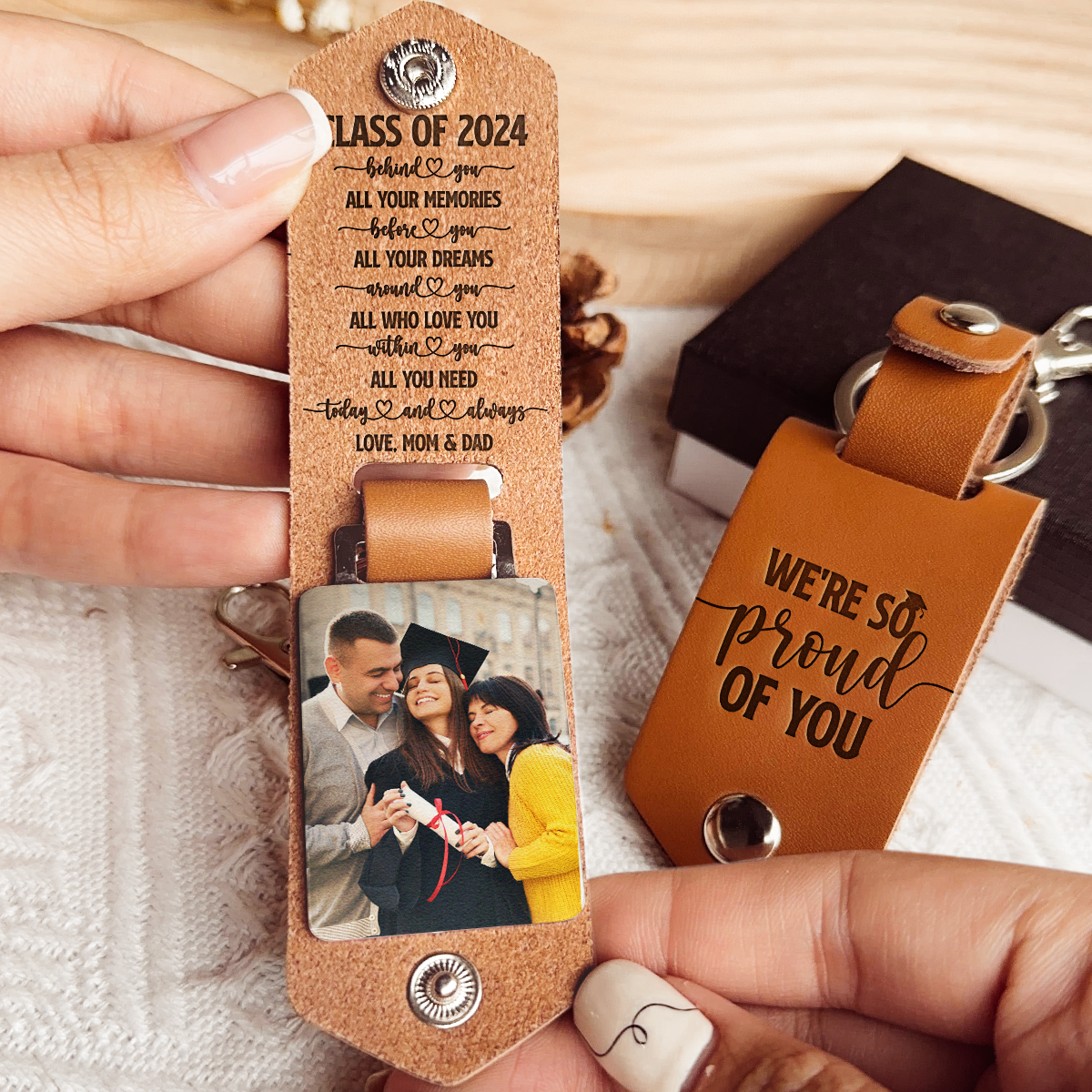 We're So Proud Of You - Personalized Leather Photo Keychain