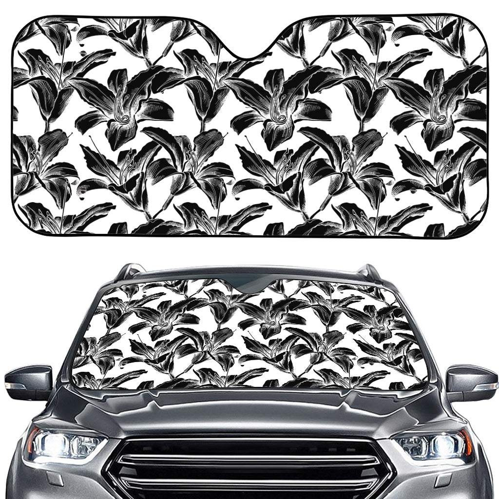 White And Black Lily Pattern Print Car Windshield Sun Shade