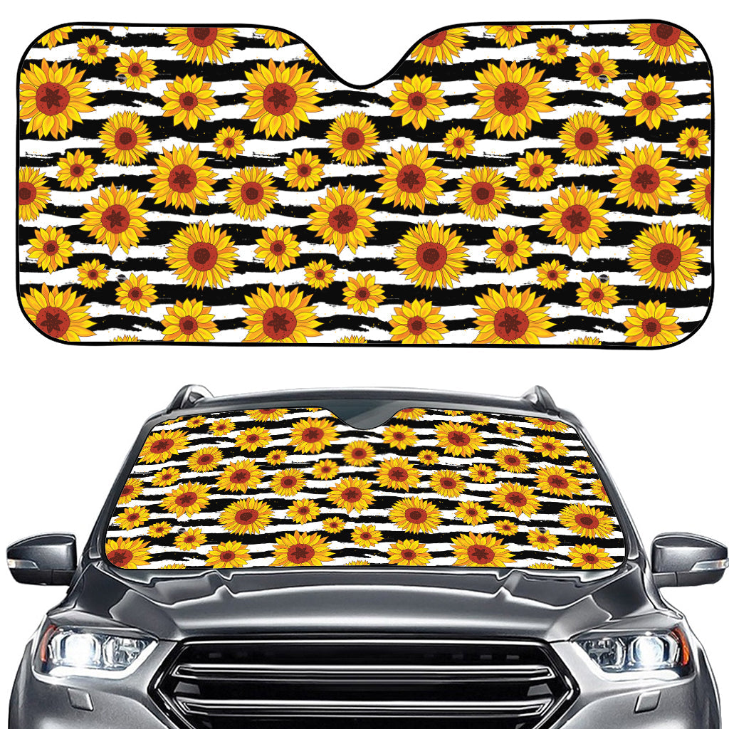 White And Black Stripe Sunflower Print Car Windshield Sun Shade