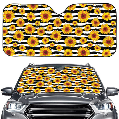 White And Black Stripe Sunflower Print Car Windshield Sun Shade