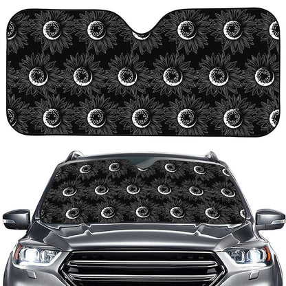 White And Black Sunflower Pattern Print Car Windshield Sun Shade