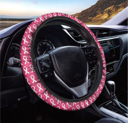 White And Pink Breast Cancer Print Car Steering Wheel Cover