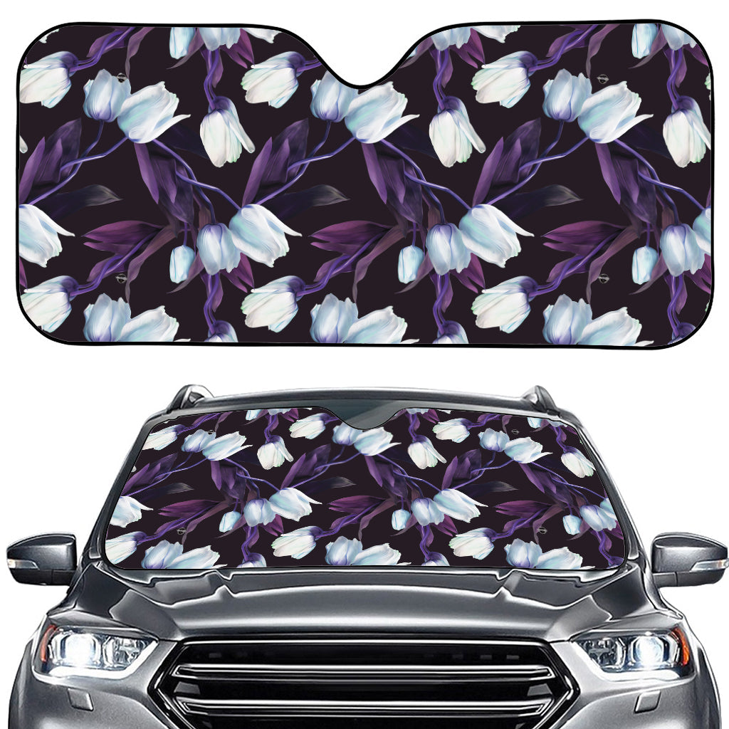 White And Purple Tulip Pattern Print Car Windshield Sun Shade
