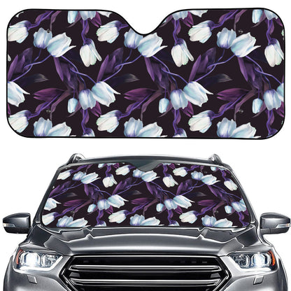 White And Purple Tulip Pattern Print Car Windshield Sun Shade