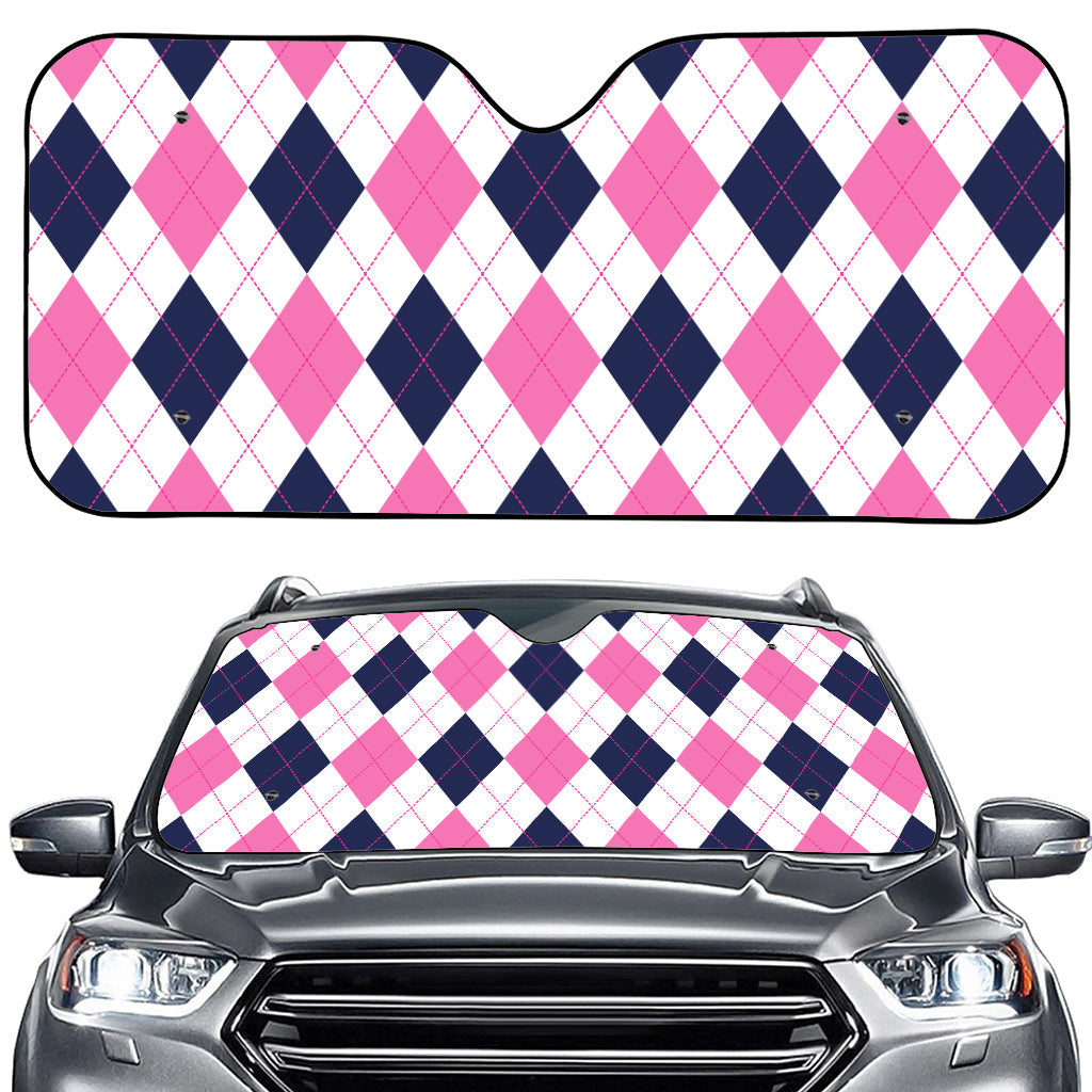White Blue And Pink Argyle Pattern Print Car Windshield Sun Shade