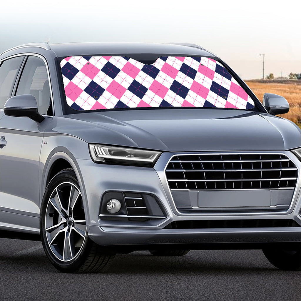 White Blue And Pink Argyle Pattern Print Car Windshield Sun Shade