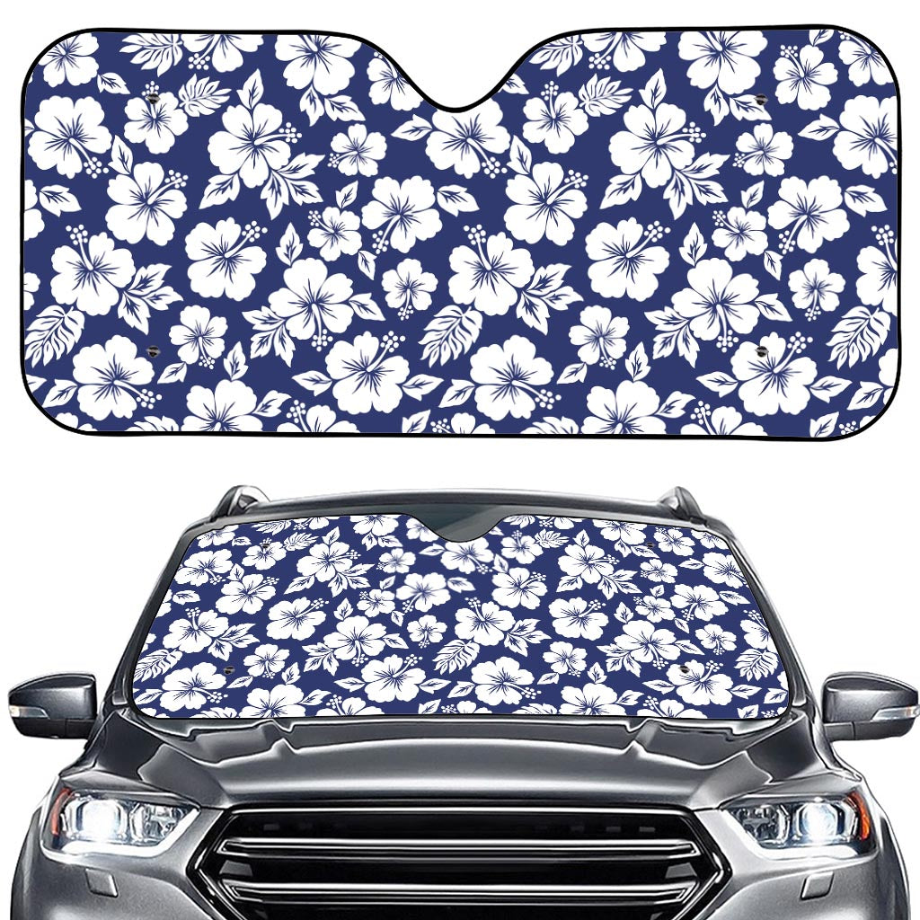 White Blue Hibiscus Floral Pattern Print Car Windshield Sun Shade