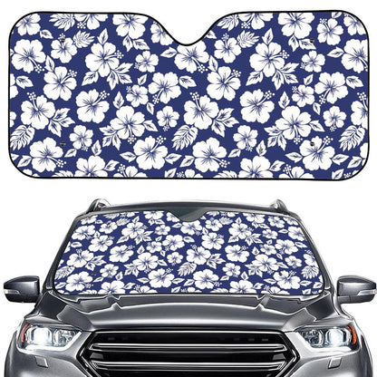 White Blue Hibiscus Floral Pattern Print Car Windshield Sun Shade