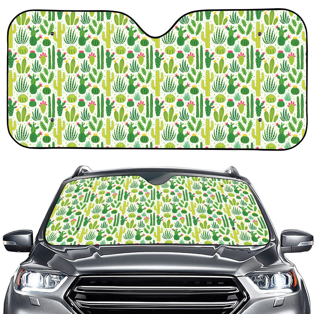 White Cactus Plant Pattern Print Car Windshield Sun Shade
