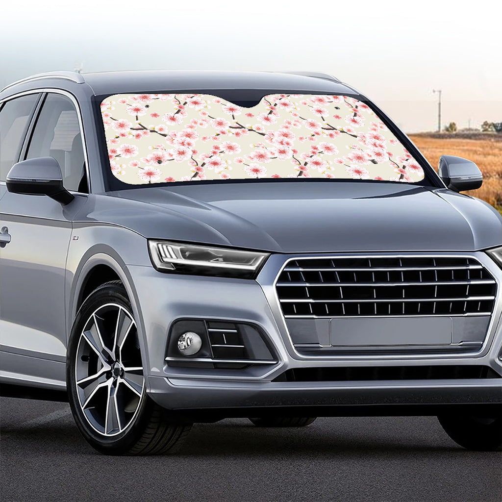 White Cherry Blossom Pattern Print Car Windshield Sun Shade