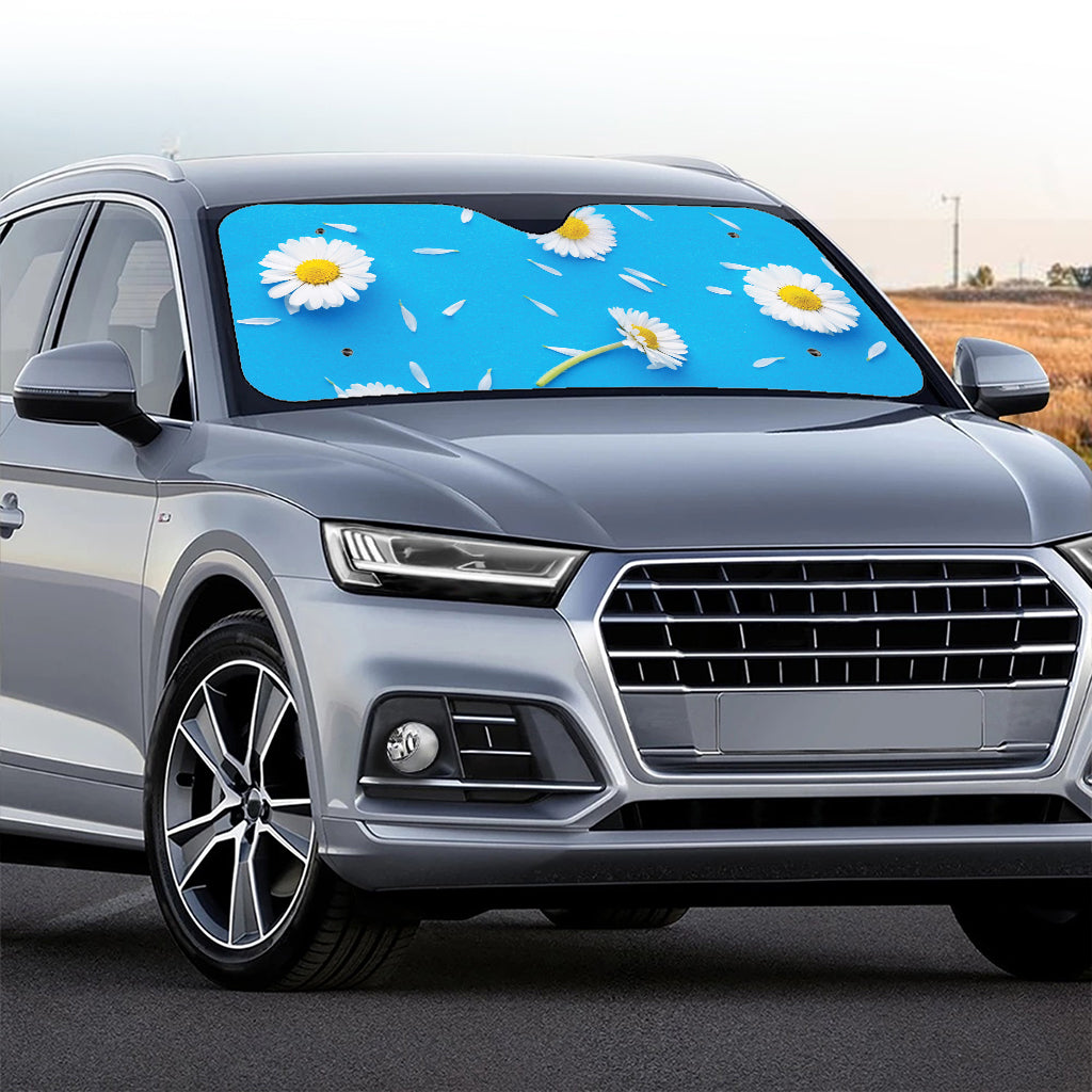 White Daisy Flower Print Car Windshield Sun Shade