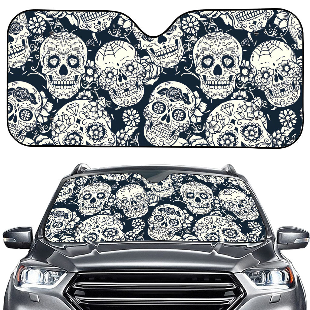White Floral Sugar Skull Pattern Print Car Windshield Sun Shade