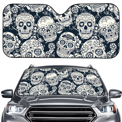 White Floral Sugar Skull Pattern Print Car Windshield Sun Shade